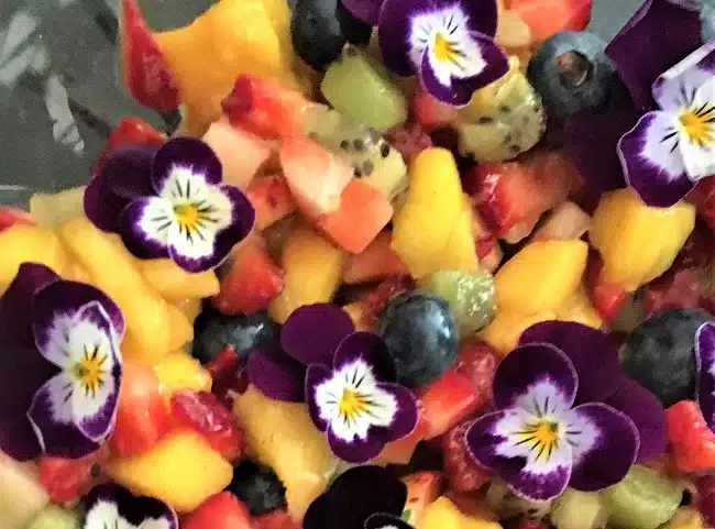 edible flowers edible violas with fruit salad