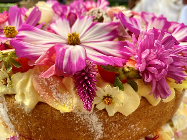 Cake decorated with cosmos