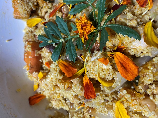 marigold petals with savoury couscous