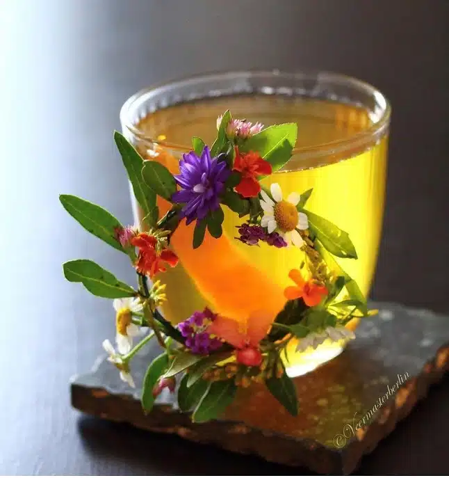 White Negroni cocktail decorated with edible flowers